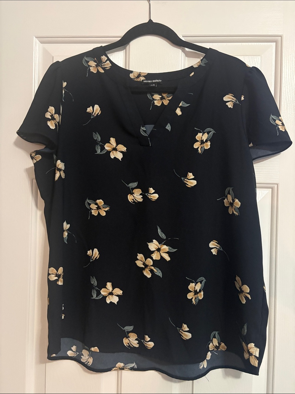 Hilary Radley Black Floral Split V-Neck Blouse